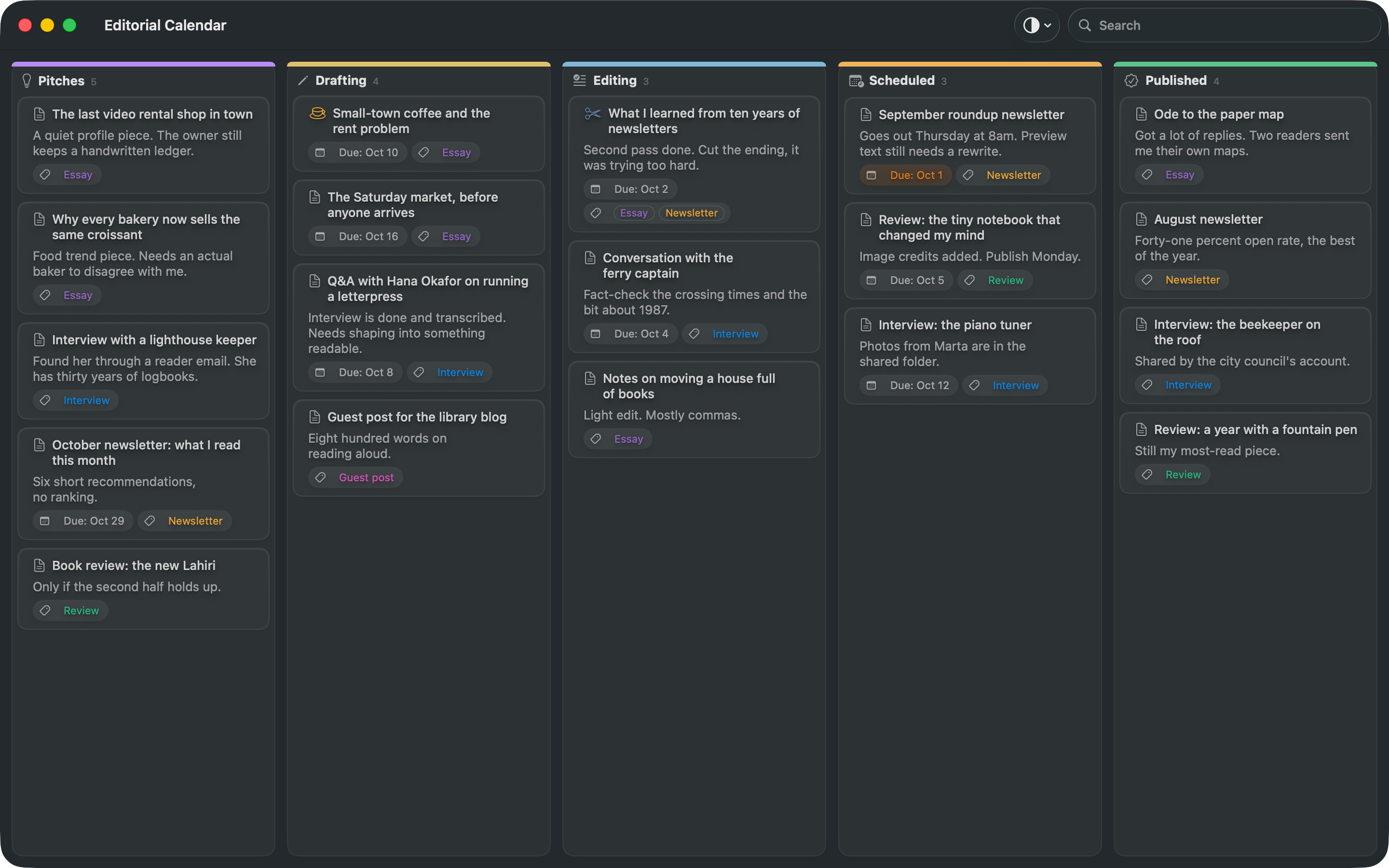 The Editorial Calendar board in Lanework's dark appearance, five lanes from Pitches to Published.