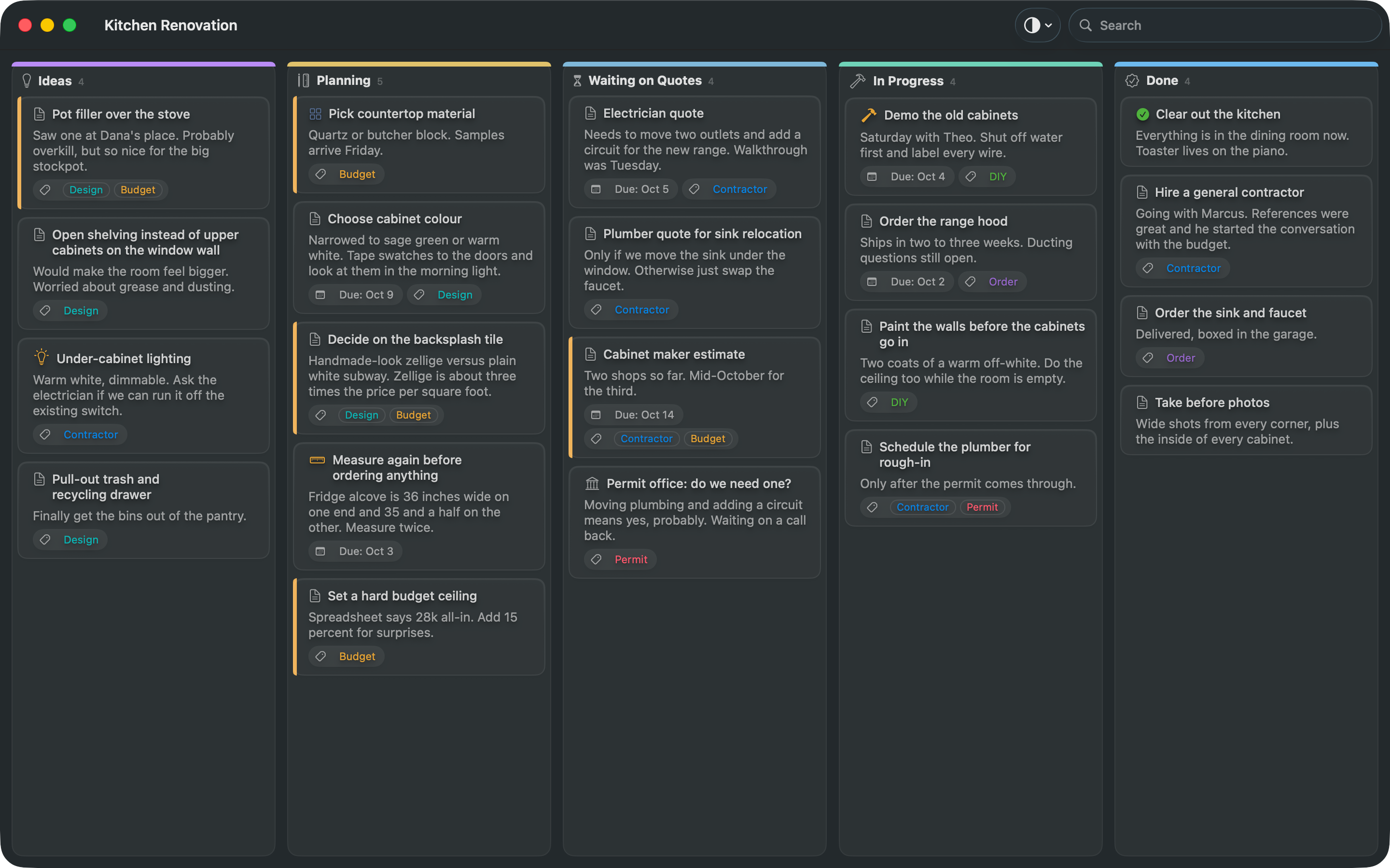 The Kitchen Renovation board in Lanework's dark appearance, five lanes from Ideas to Done with renovation tasks on coloured cards.