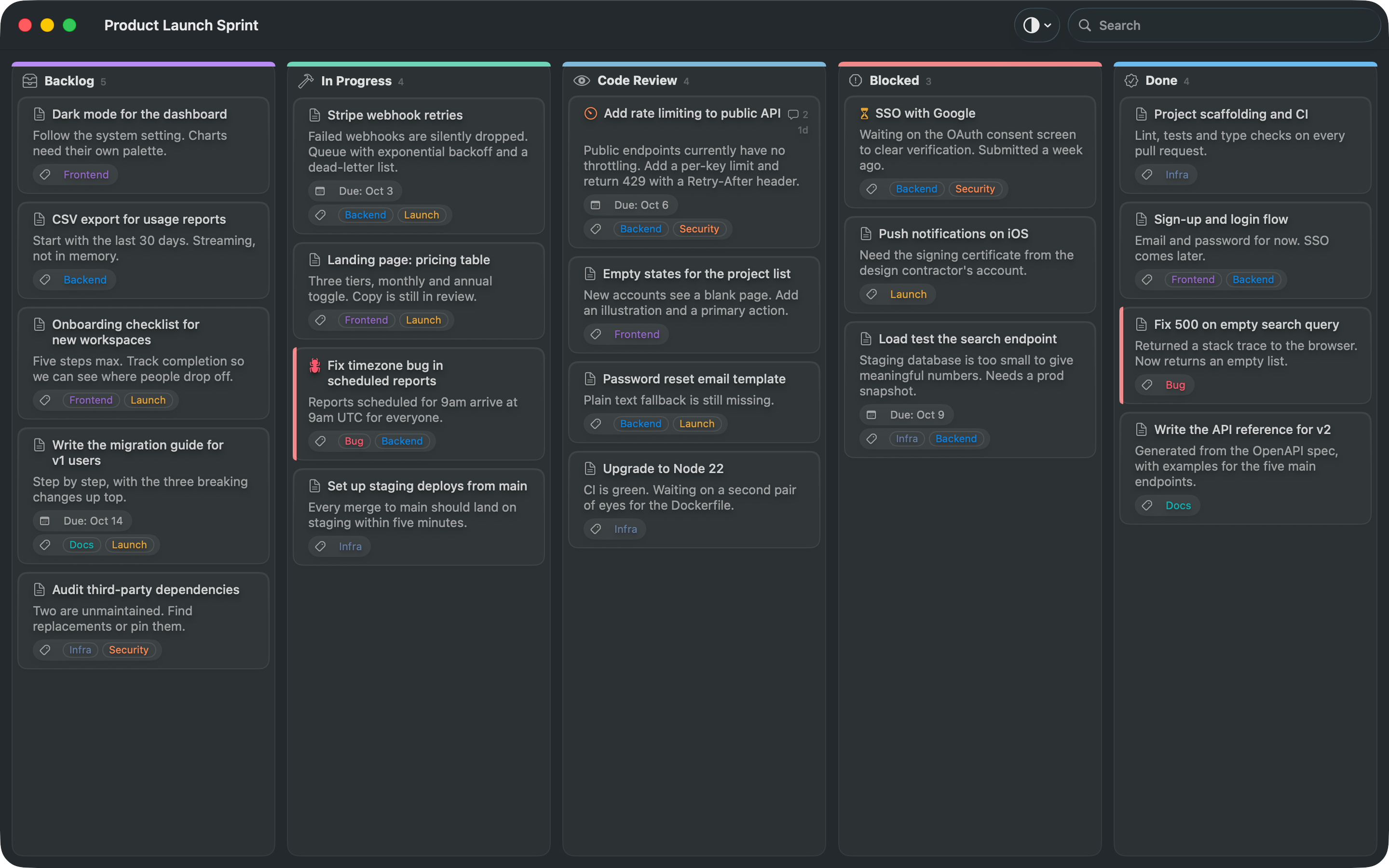 The Product Launch Sprint board in Lanework's dark appearance, five lanes from Backlog to Done.