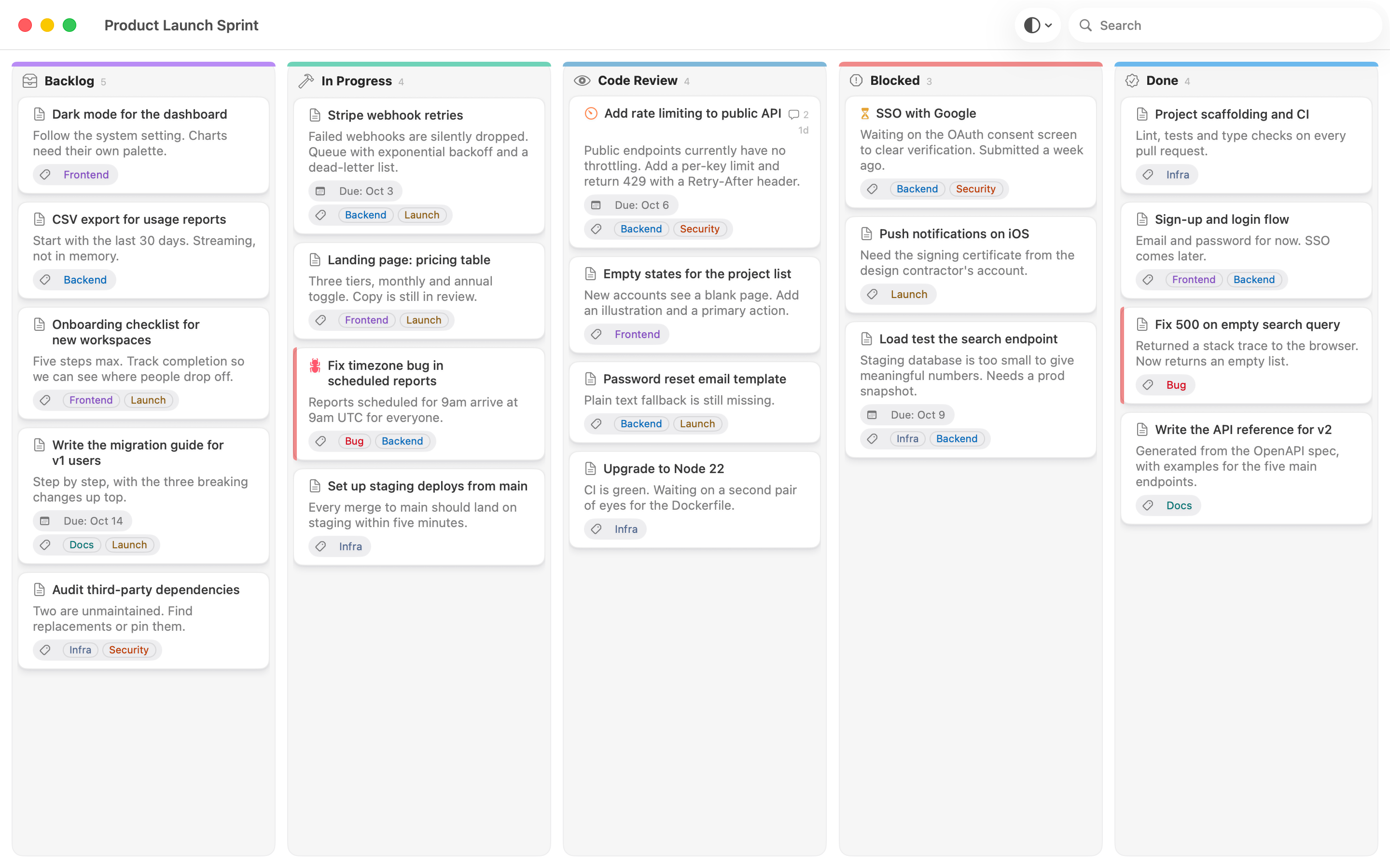 The Product Launch Sprint board in Lanework: Backlog, In Progress, Code Review, Blocked and Done lanes holding engineering cards such as rate limiting, Stripe webhook retries and SSO with Google.
