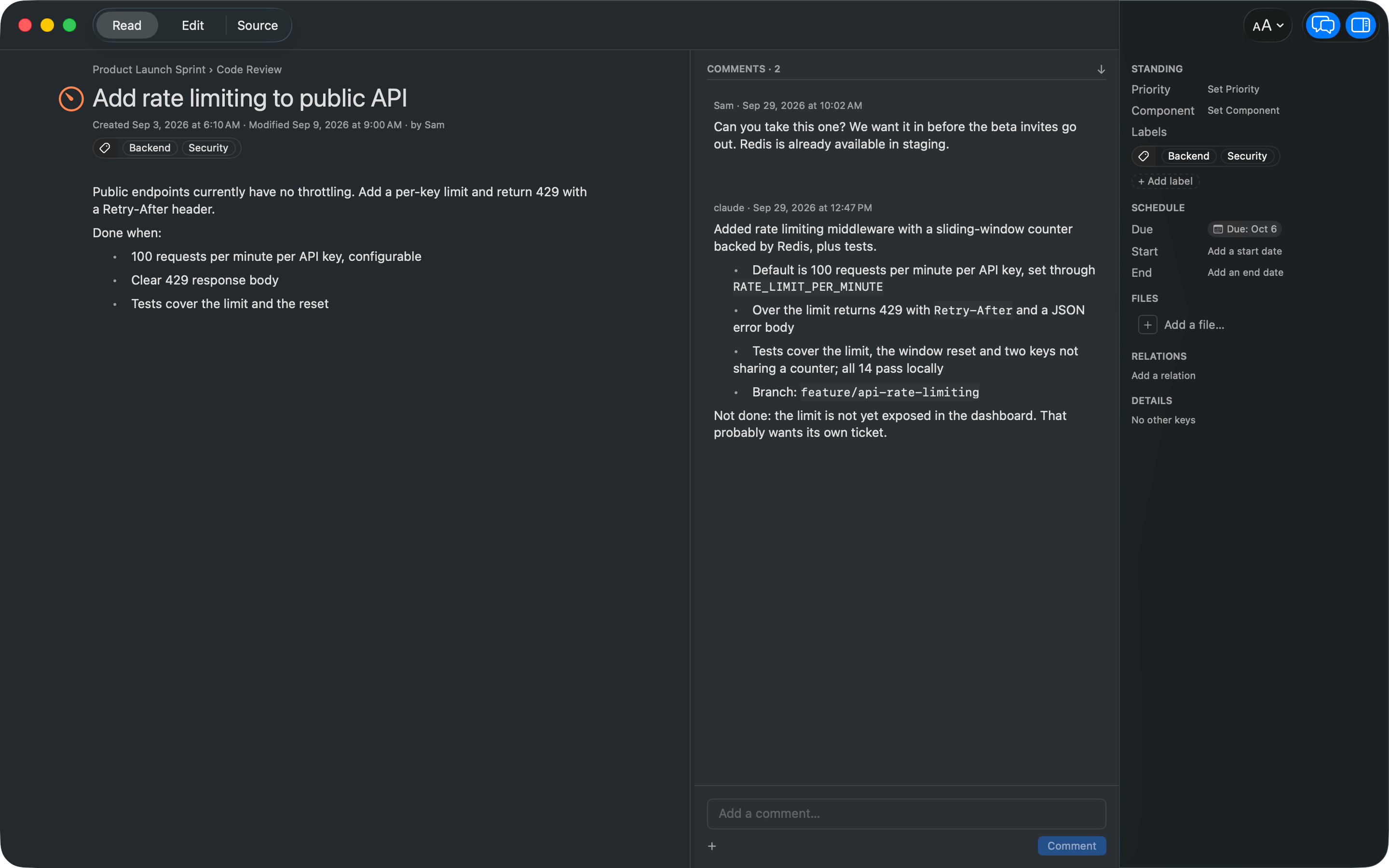 A card window in dark appearance: the card Add rate limiting to public API, a person's request to take it on and an AI agent's reply, with the inspector on the right.